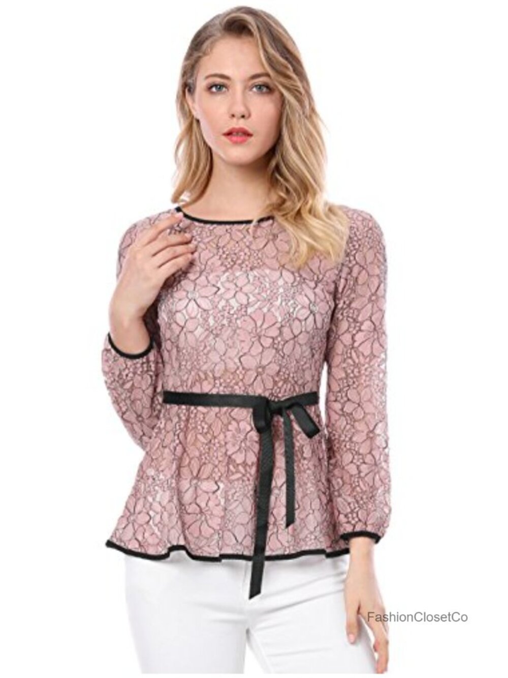 Lace Peplum Blouse Tie Waist Long Sleeve Sheer Cotton Nylon
